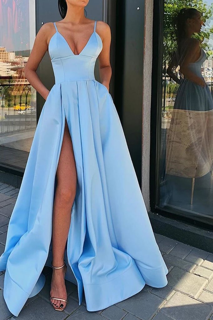 V Neck High Slit Formal Evening Dresses ...